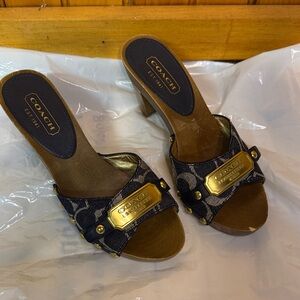 Coach Women's Black and Brown Mules with Gold Accents